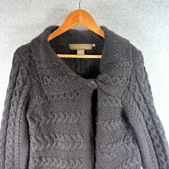 Vintage Inis Crafts Chunky Cardigan Sweater Women's Large Black Cable Knit Wool - Picture 3 of 8